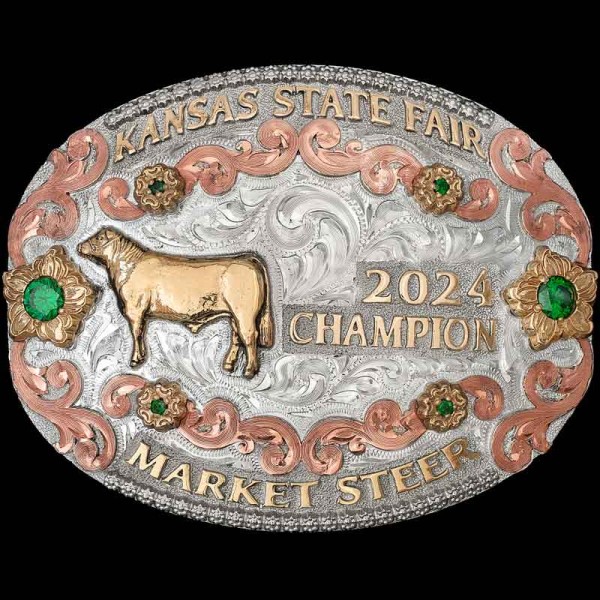 The classic cowgirl buckle! The May Lillie Belt Buckle is built on a beautiful shiny silver hand engraved base, with copper scrollwork and bronze flowers. Customize it today for your cowgirl!
